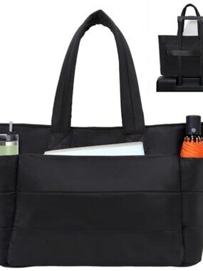 Large Quilted Puffer Tote Bag with Laptop Compartment & Trolley Sleeve